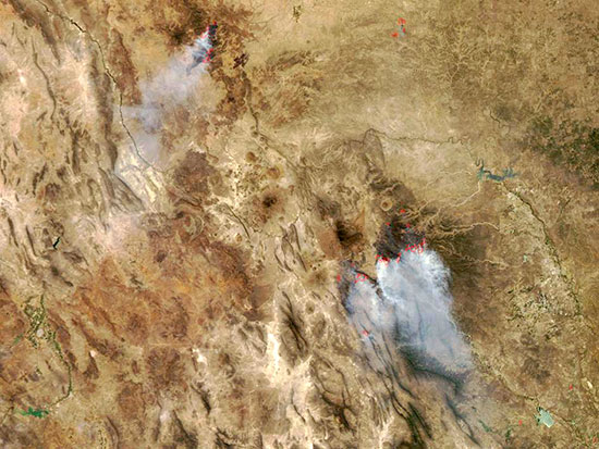 Foto satelital de los incendios en Coahuila y Texas. Fuente: NASA / MODIS Rapid Response Team.