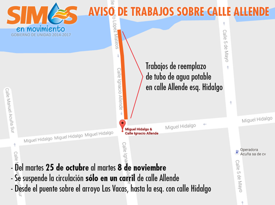 Aviso de trabajos de reemplazo de tubo  en calle Allende 