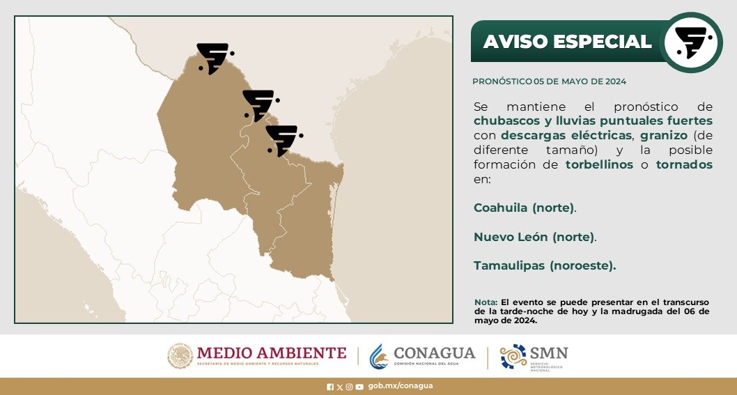 SE ESPERAN CHUBASCOS Y LLUVIAS PUNTUALES FUERTES, ADEMÁS DE LA PROBABILIDAD DE TORBELLINOS O TORNADOS EN COAHUILA