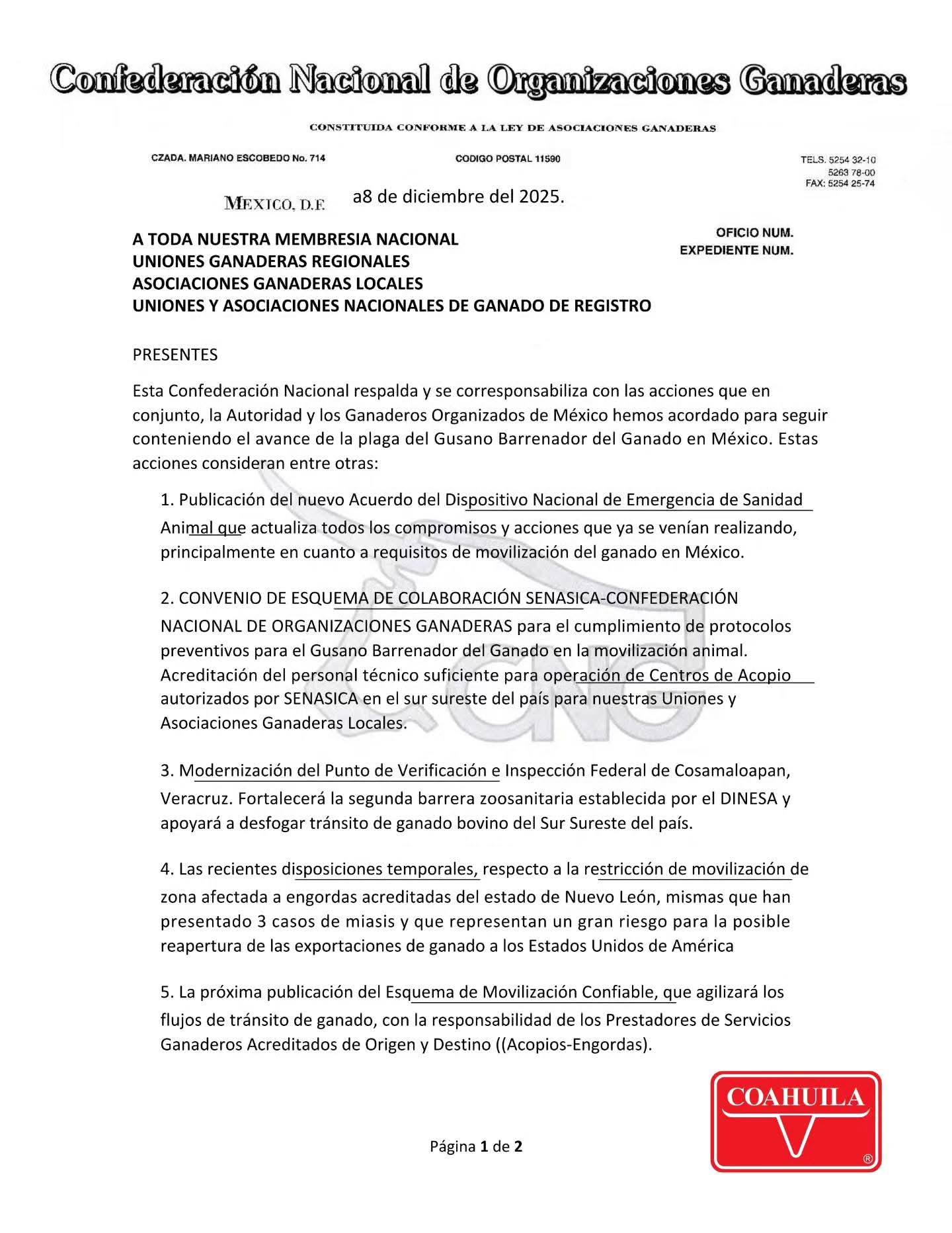 NOTA IMPORTANTE PARA LOS GANADEROS DE COAHUILA
