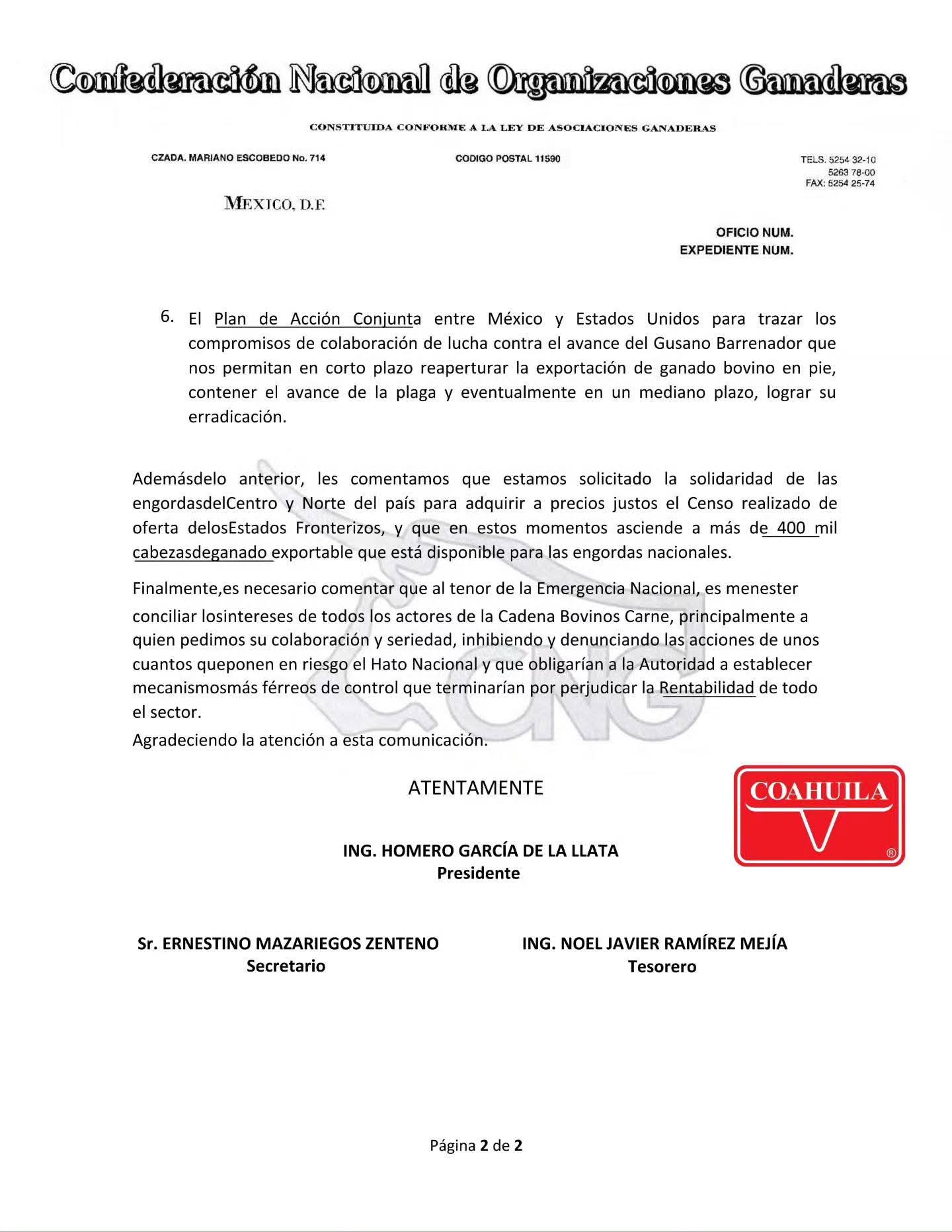 NOTA IMPORTANTE PARA LOS GANADEROS DE COAHUILA