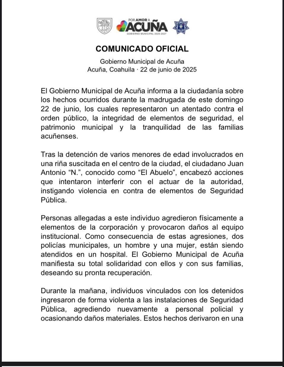 COMUNICADO OFICIAL GOBIERNO MUNICIPAL DE ACUÑA