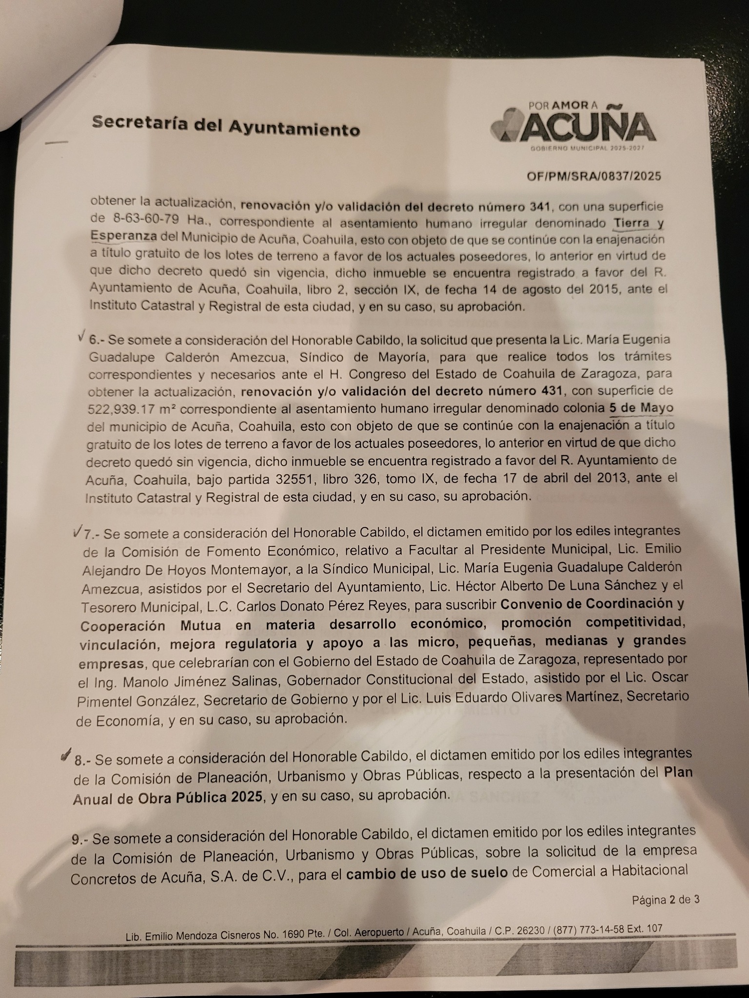 Preside el alcalde Lic. Emilio De Hoyos segunda Sesión Ordinaria de Cabildo del mes de junio