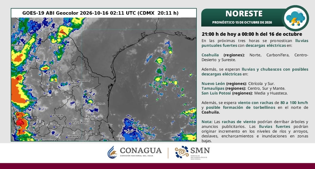 PRONOSTICAN LLUVIAS INTENSAS, RACHAS DE VIENTO DE HASTA 100 KM/H Y POSIBLES TORBELLINOS EN COAHUILA