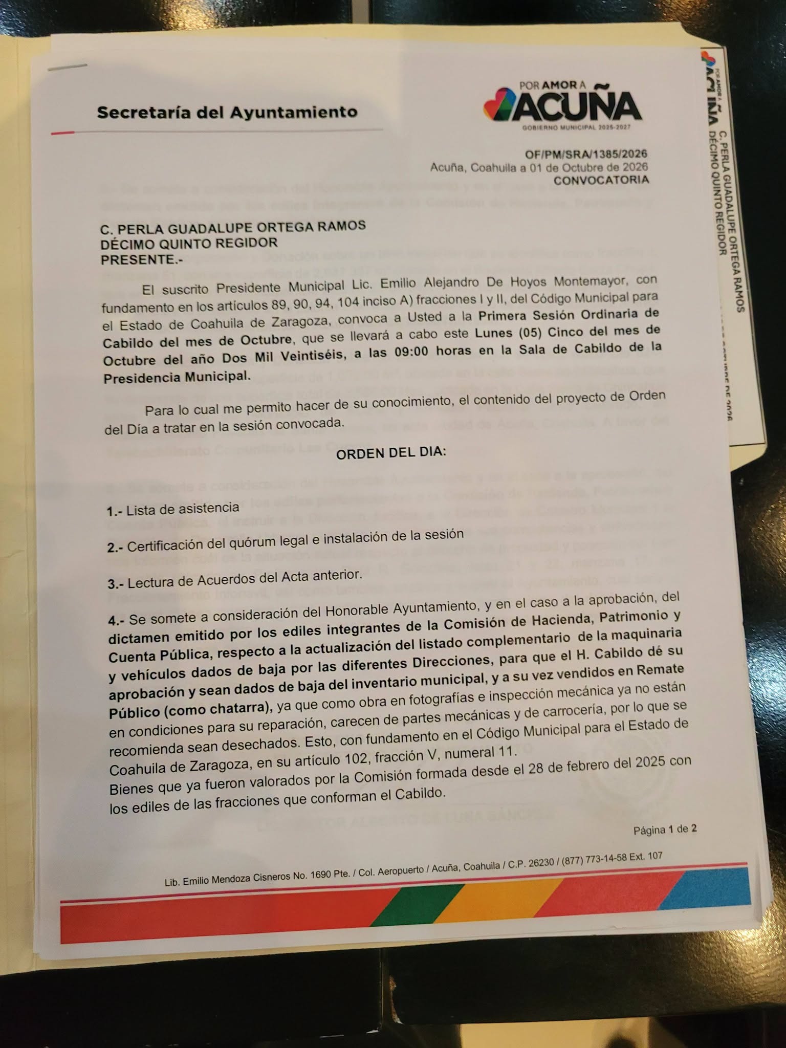 Realizan primera sesión ordinaria de Cabildo del mes de octubre