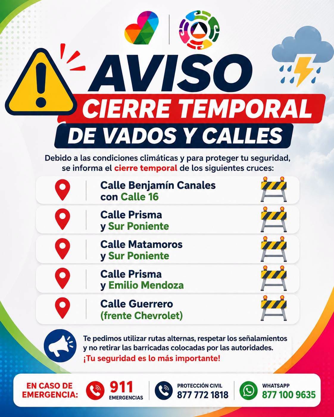 Cierran temporalmente vados y calles en Acuña por condiciones climáticas